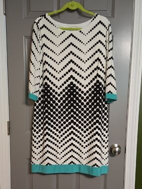 Studio One Black & White Dot Chevron Midi Dress with Teal Trim